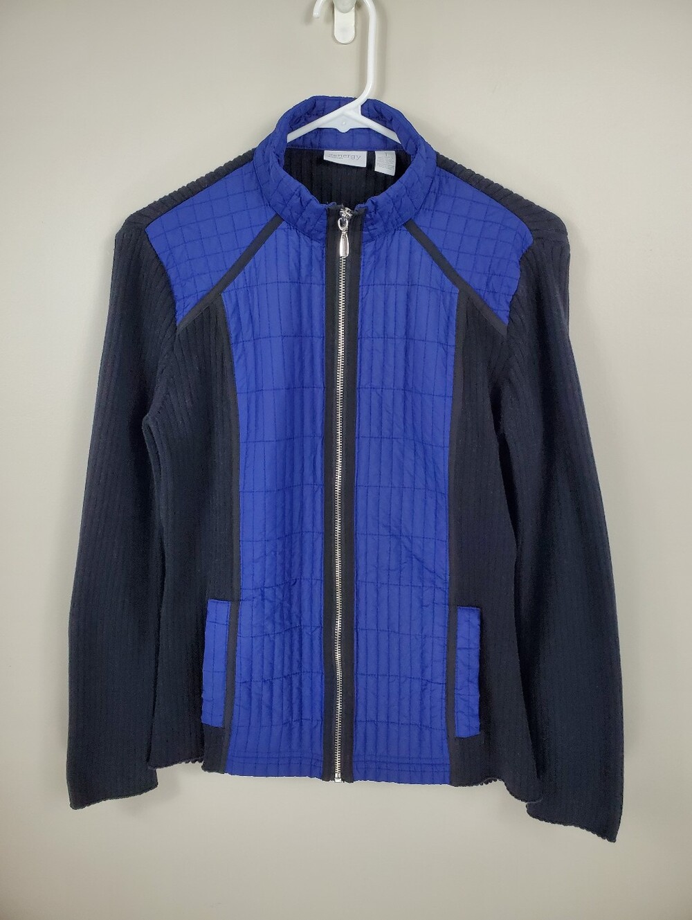 Zenergy By Chico's Size M Blue Black Full Zip Ribbed Knit Long Sleeve Jacket
